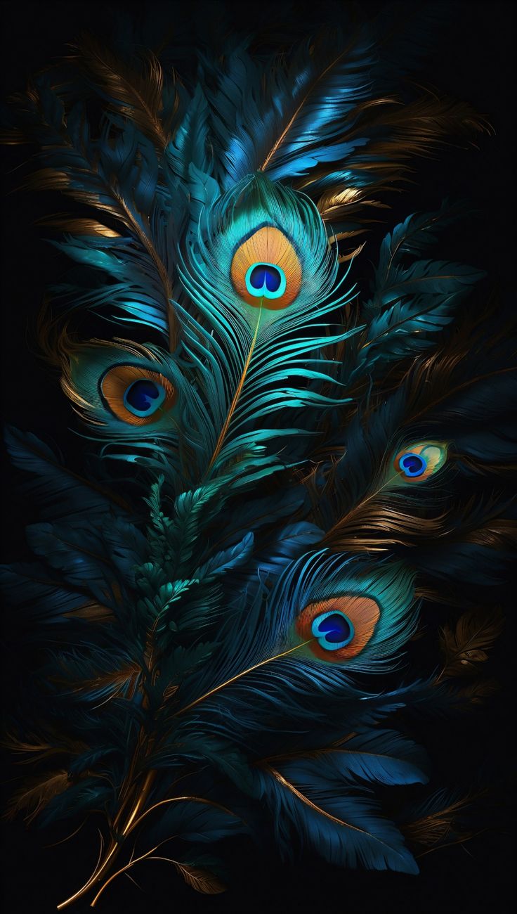 he image is a closeup shot of several peacock feathers arranged together against a dark background. the feathers are predominantly teal and blue, with accents of gold along the shafts and edges. the iconic "eyes" of the peacock feathers are prominently displayed, showcasing their iridescent and detailed patterns. the overall aesthetic is dark, luxurious, and artistic, with a focus on the intricate texture and rich colors of the feathers. the image could easily serve as a stunning wallpaper or background due to its captivating beauty and visual appeal.