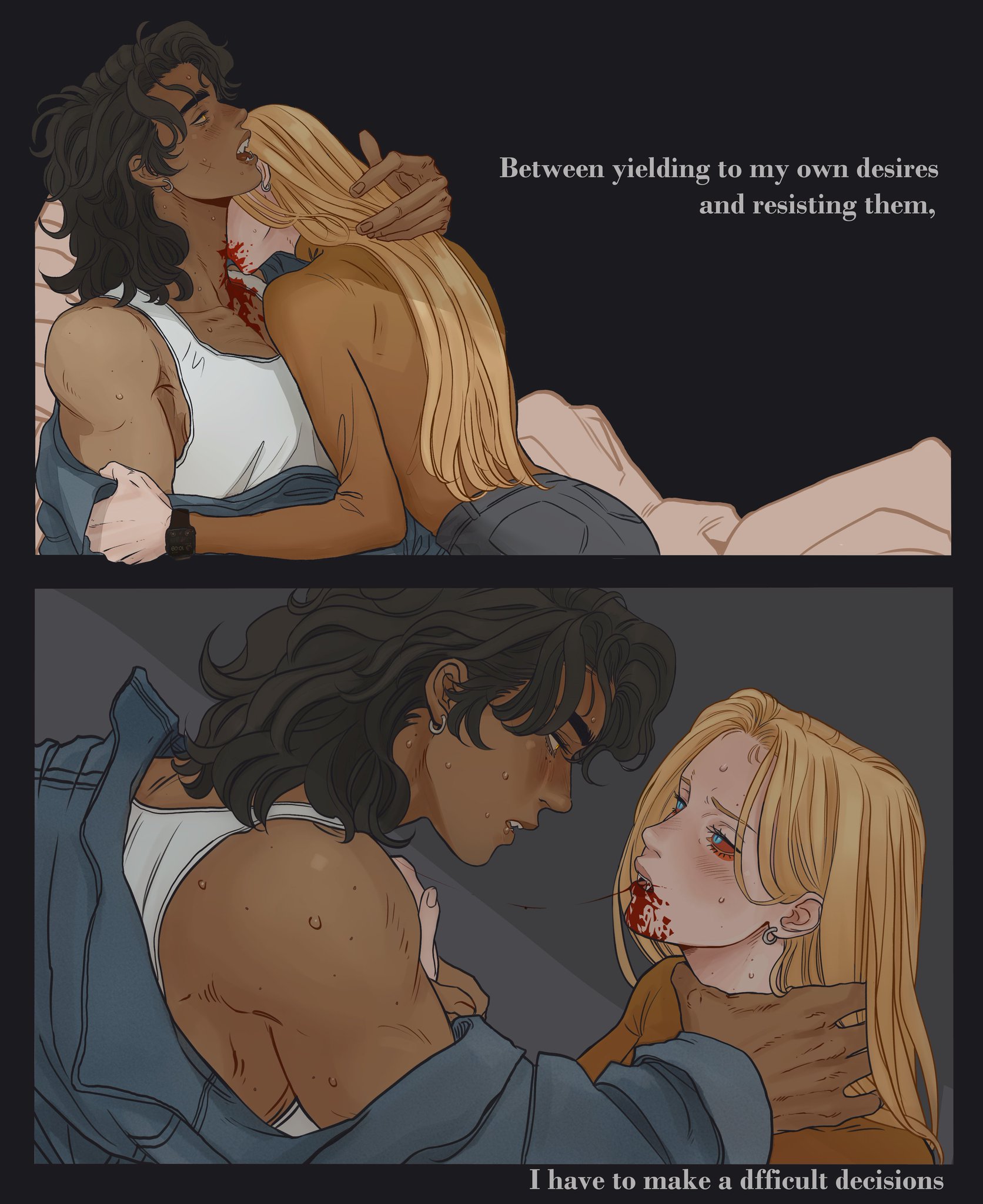 the image is a panel from a manga or webcomic depicting a darkhaired male vampire biting a long blondehaired female. in the top panel, the vampire is shown biting the woman's neck, with blood visible. the text reads, "between yielding to my own desires and resisting them." the bottom panel shows the woman's face covered in blood, with the vampire gazing at her. the text reads, "i have to make a difficult decisions."