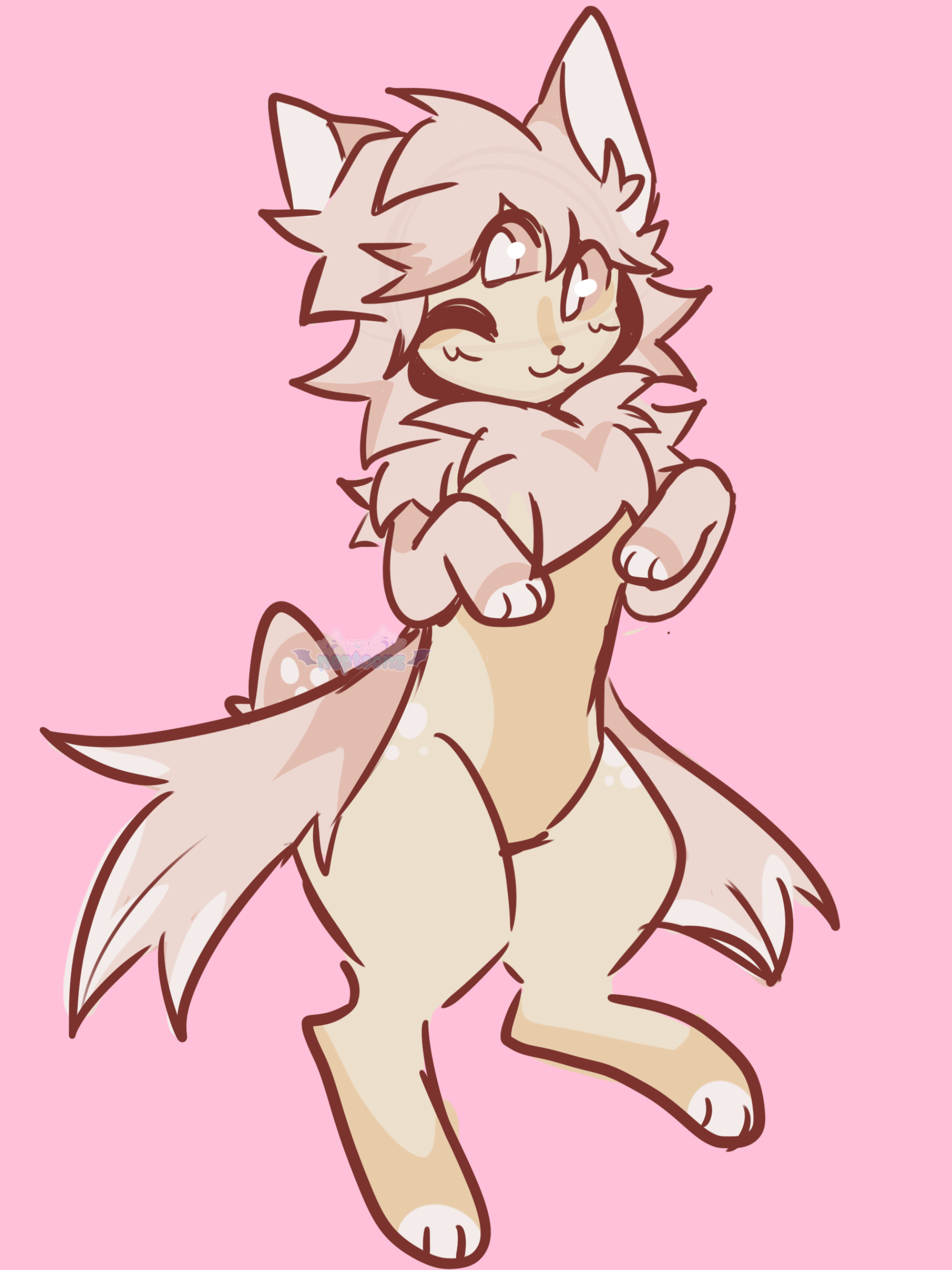 a cartoon furry character with pink fur, big eyes, and a fluffy tail is drawn in a cute and adorable style. the character appears to be happy and playful, with a big smile on its face. the background is a solid pink color.