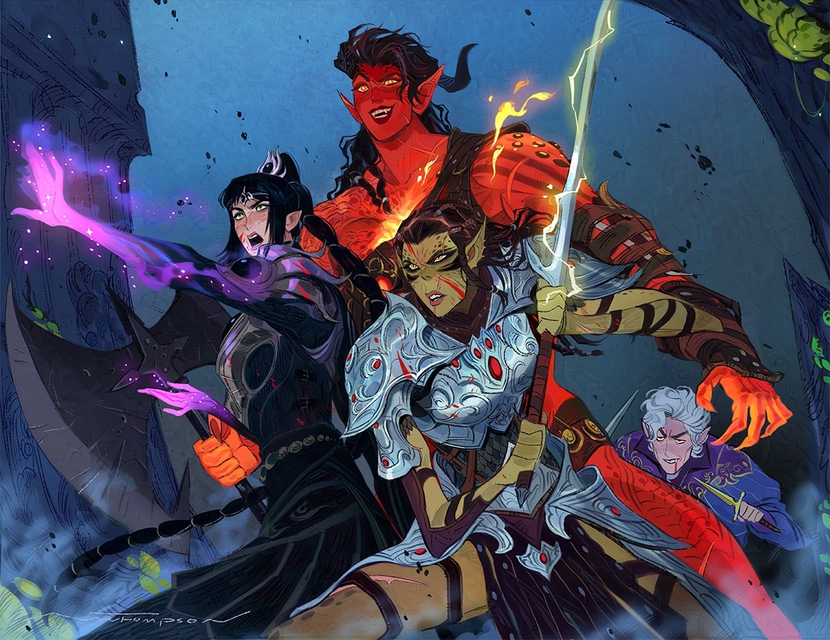 an illustration of four characters in a fantasy setting. the characters are battling and seem to be engaged in a fierce, actionpacked fight. the characters include a female mage with dark hair who is casting a spell, a demonlike warrior with red horns and red skin, a female elf with a large sword, and a male elf with white hair and a silver sword. the artwork has a dark, mysterious and dramatic feel.