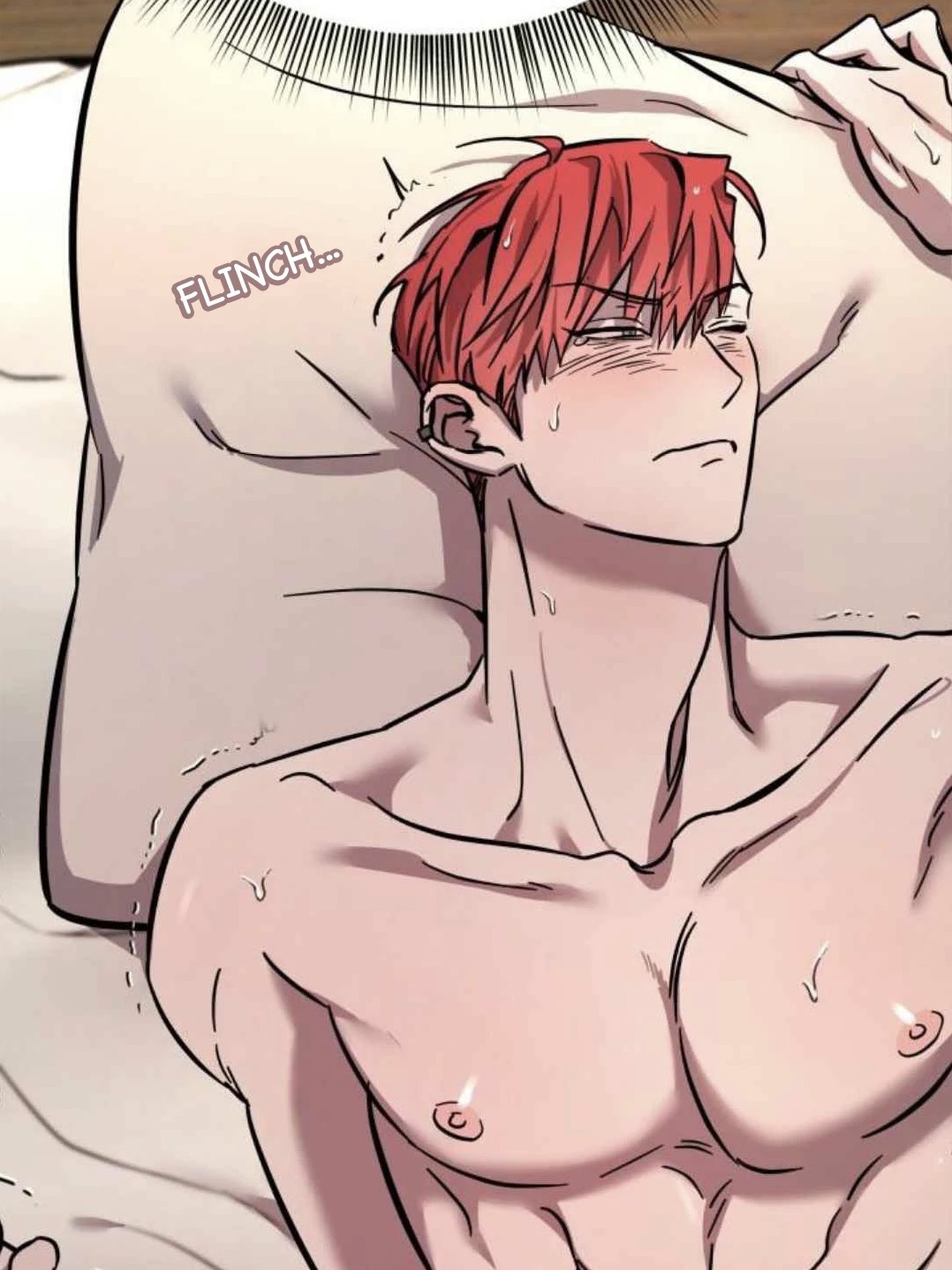 the image is a closeup drawing of a shirtless man with red hair lying on a bed, seemingly reacting to something with a flinch.  he's blushing, and his expression is one of discomfort or surprise.  the art style is reminiscent of manga or manhwa, with bold outlines and soft shading. a hand is visible in the upper right corner, suggesting someone else is present. the overall mood is suggestive of an intimate or romantic scene.