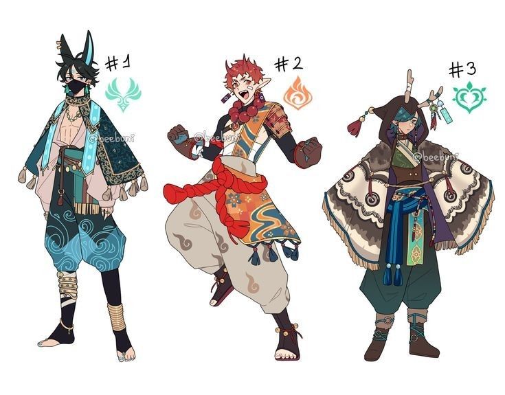 this image features three animestyle male characters in various traditional japanese outfits. each character has a unique design and color scheme, with the first character wearing a light blue and teal kimono with a dark blue mask, the second character wearing a red and orange kimono with a white mask, and the third character wearing a brown and green kimono with a dark blue mask.  they are all drawn in a vibrant and colorful style with intricate details and textures. the characters are depicted standing in a neutral pose, showcasing their unique designs and attire. the image is set against a simple white background, highlighting the characters' detailed clothing and accessories.