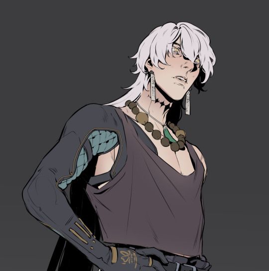 this is a digital drawing of a man with white hair, blue eyes, and a serious expression. he is wearing a black sleeveless shirt with a beaded necklace, earrings, and a glove on his right arm. the background is grey.