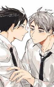 the image is a closeup drawing in an anime style depicting a romantic scene between two young men. they appear to be hugging or very close, with one's hand gently resting on the other's shoulder. their faces are close together, suggesting intimacy. the style is soft and tender, with a focus on conveying the emotional connection between the two characters. the color palette is mostly grayscale with light gray and white tones and darker accents. the artwork appears to be fan art, possibly inspired by manga or anime.  a small pink heart is subtly drawn between the characters' faces, further emphasizing the romantic aspect.  the characters are wearing shirts and ties.