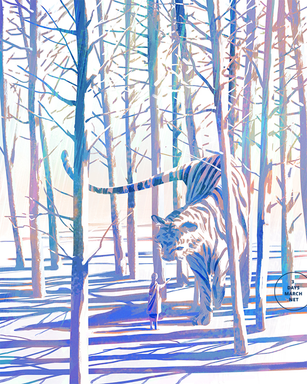 the illustration features a young girl and a giant tiger walking through a snowy forest. the forest is depicted with tall, slender trees, their branches bare against the winter sky. the tiger, rendered in shades of blue and white, dominates the foreground, its massive form partially obscuring the girl who walks confidently behind it. the scene is bathed in a soft, cool light, creating a sense of tranquility and wonder. the overall effect is one of peaceful coexistence between the child and the majestic creature.