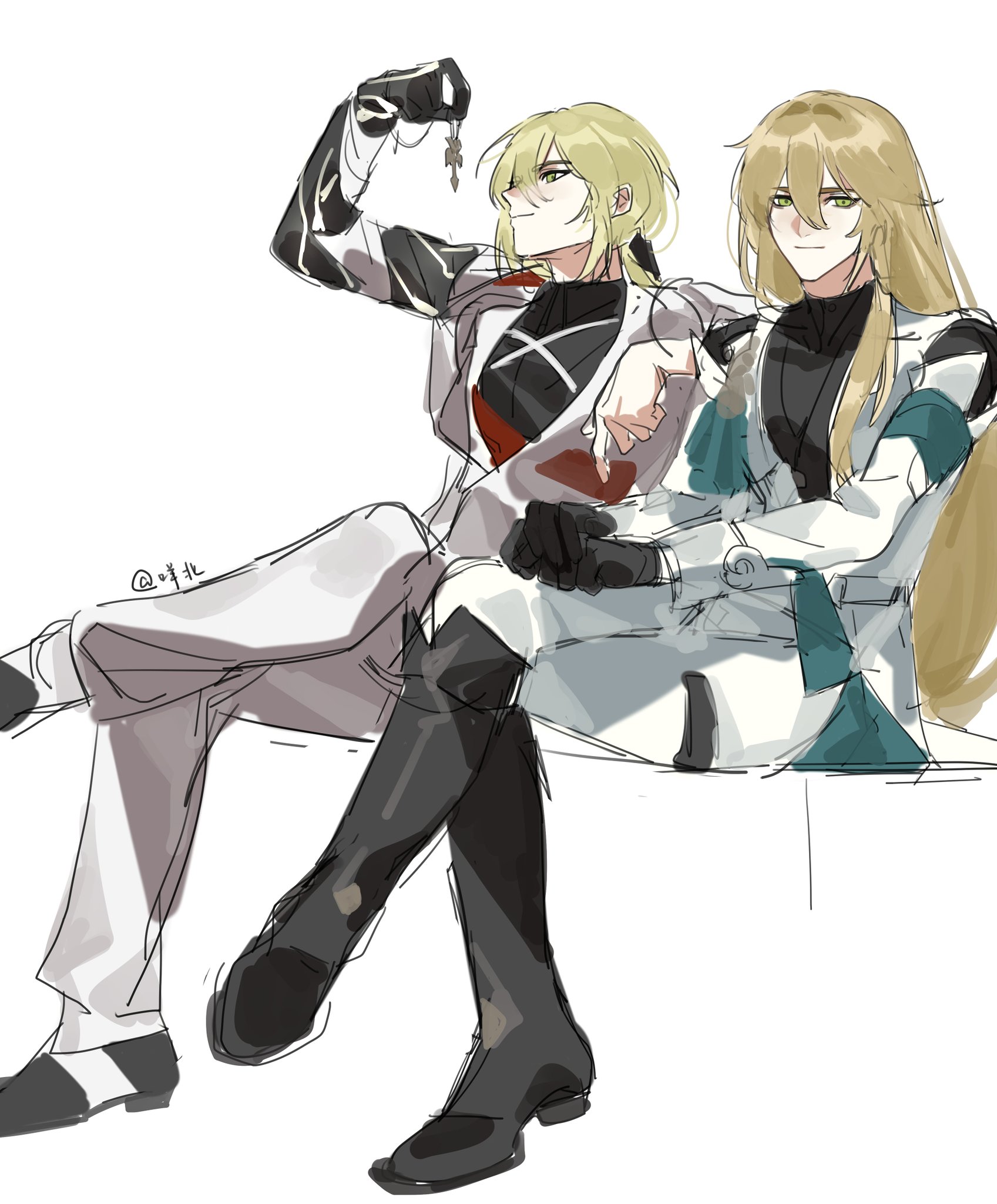 two anime male characters are sitting side by side. they are both wearing white clothing with black boots. the character on the left is holding a key and has blonde hair. the character on the right has long blonde hair and is looking at the viewer. they appear to be in a casual setting. the drawing is a sketch, meaning it has a rough and incomplete style.