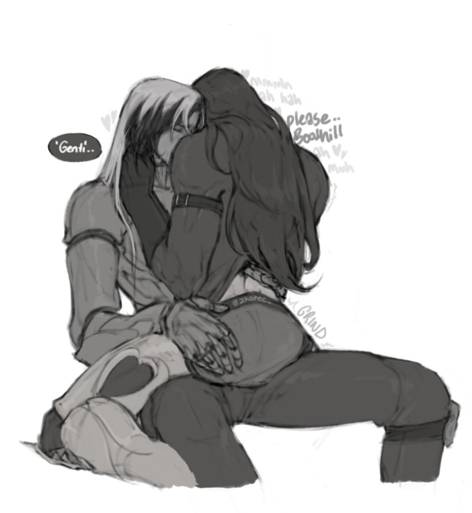 a grayscale digital fanart depicts a romantic embrace between two characters.  the style is reminiscent of anime or manga, with slightly exaggerated features and emotive poses.  one character, with longer, darker hair, is being held close by the other, whose hair is lighter.  their bodies are intertwined, and the embrace appears both tender and passionate.  text is overlaid on the image, possibly dialogue or internal thoughts, adding to the narrative. the art style is loose and sketchy, emphasizing emotion over precise detail.
