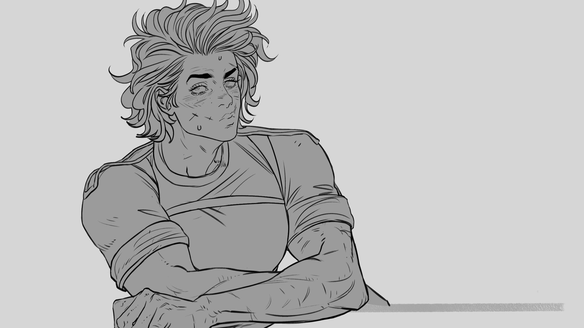 a black and white illustration of a muscular man with wavy hair, scars on his face, wearing a tshirt, with his arms crossed. he is looking away with a thoughtful expression. the background is a plain gray.