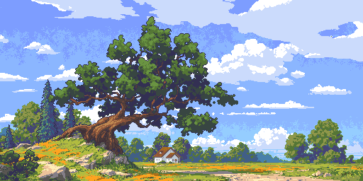 this is a pixel art image of a field with a large tree in the center. the tree is leaning to the left and has a thick trunk and many branches. there is a small house in the background, to the right of the tree. the field is covered in green grass and yellow flowers. there are also some trees in the background. the sky is blue with white clouds. the overall feeling of the image is peaceful and serene.