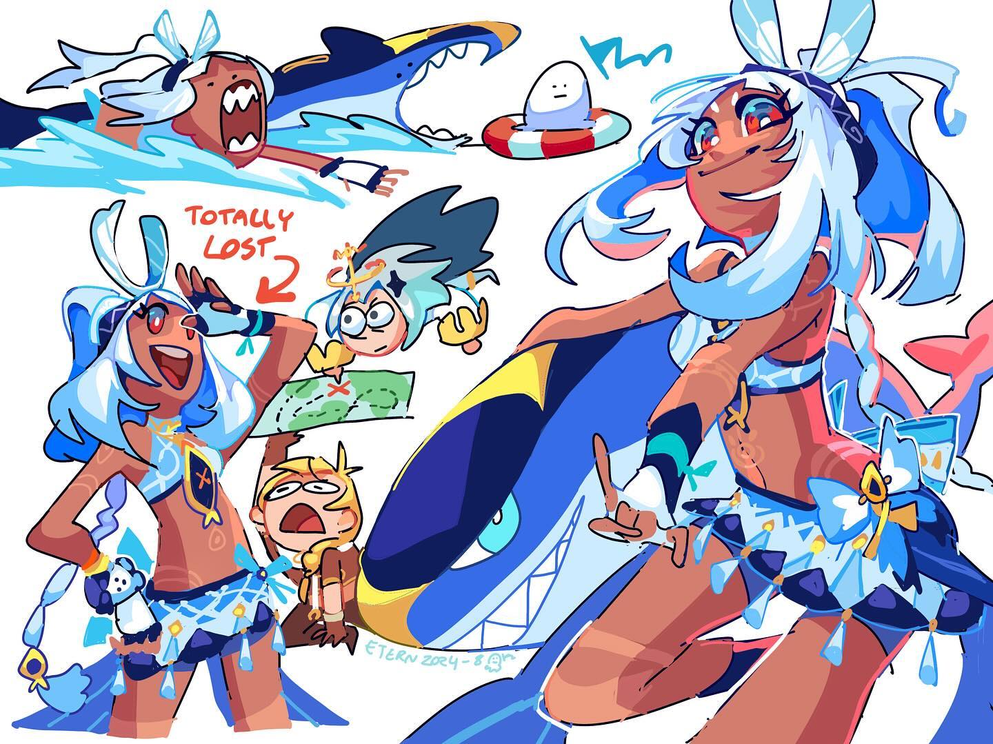 he image is a vibrant digital drawing showcasing a collection of cartoonstyle characters, primarily focused on a female character with long, flowing light blue hair and tanned skin, dressed in a light blue and white beachthemed outfit.  she's playfully positioned near a large, stylized shark or whale. other characters are scattered throughout the image, including a character seemingly lost at sea and another with a treasure map.  the overall style is energetic and whimsical with a focus on bright colors and a dynamic composition. the art style is reminiscent of anime and cartoon styles.