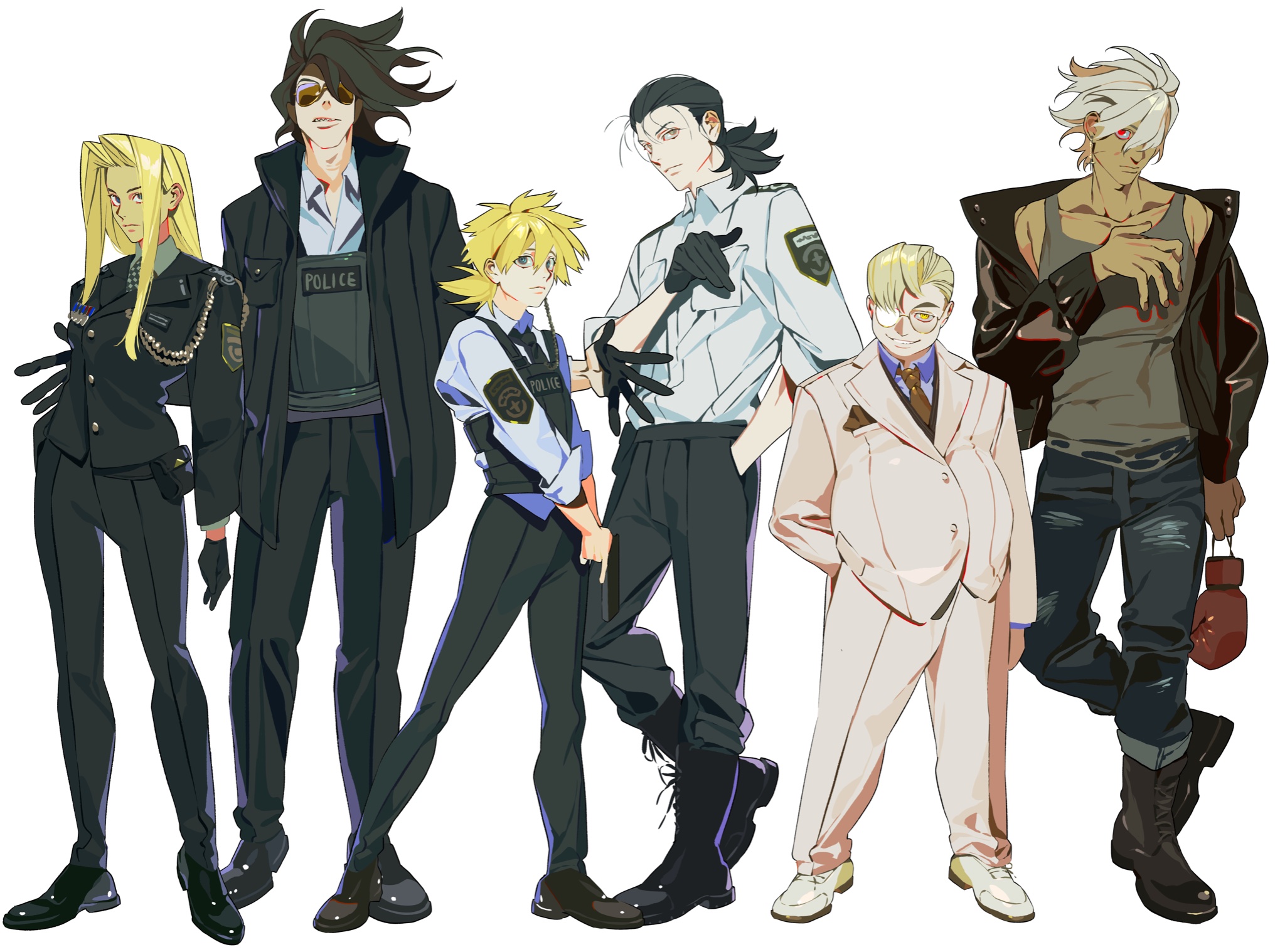 a group of six animestyle characters are posing. from left to right, there is a blonde woman in a dark police uniform, a tall man with dark hair wearing a suit with a police vest, a shorter blond character in a police uniform, a tall man with long dark hair in a police uniform, a shorter blond man in a suit, and a light skinned man in a black leather jacket with dark hair and a boxing glove.