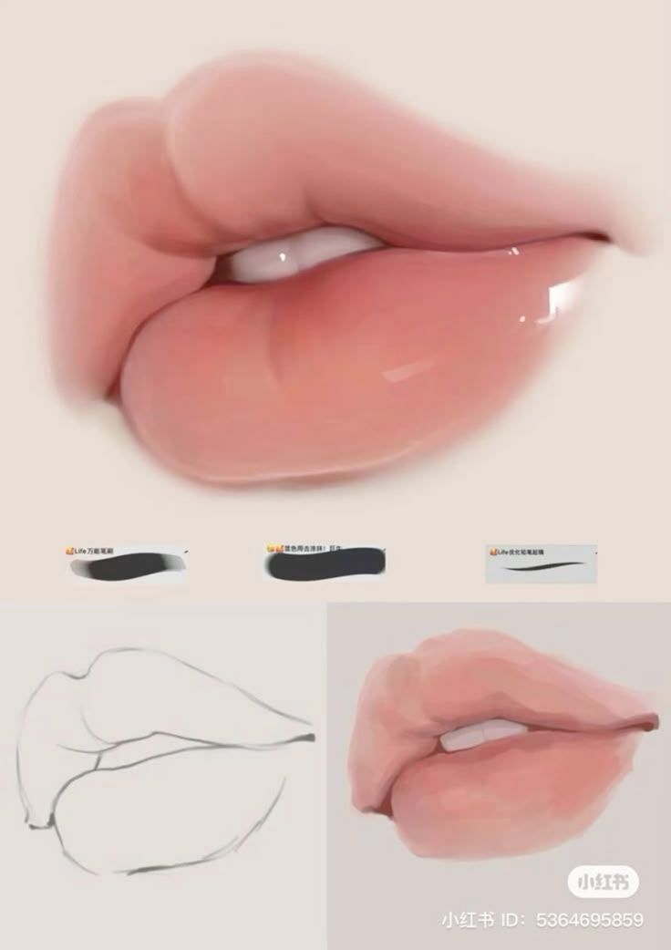 the image shows a stepbystep digital painting tutorial for drawing lips. the top portion displays a realistic, fully rendered illustration of pink, glossy lips. below, the tutorial includes a sketch of the lips' outline, several brush stroke examples, and a partially shaded version of the lips to demonstrate the artistic process. the tutorial guides the viewer through creating a realistic lip drawing.