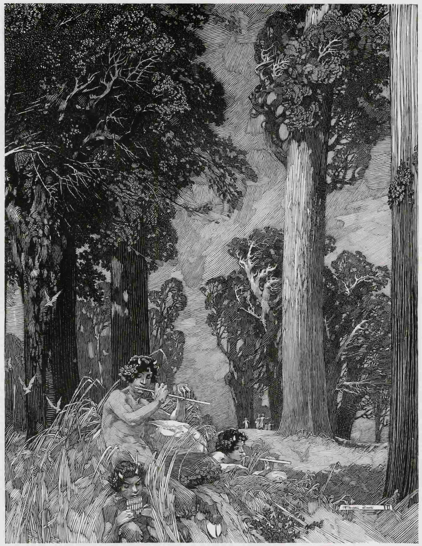 this is a black and white engraving depicting a scene in a forest. several fauns, or satyrs, are sitting in tall grass, playing musical instruments.  one is prominently featured playing a flute. the trees in the forest are tall and slender, with dark, detailed foliage. the style is reminiscent of classical or antique art, with a high level of detail in the linework and shading. the scene suggests a peaceful, pastoral setting, filled with mythological figures.  the overall feeling is one of tranquility and enchantment. the artist has used line and shadow skillfully to create depth and atmosphere in the forest scene.