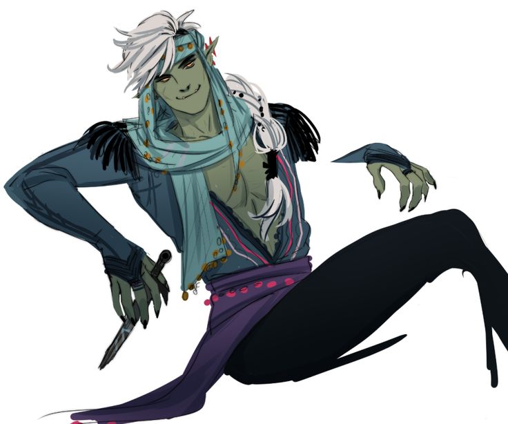 a digital illustration of a male fantasy elf with green skin and white hair. he has green eyes and is wearing purple pants and a light blue scarf. he is sitting down and holding a dagger. his body is positioned in a relaxed pose, with his left arm stretched out in front of him and his right arm resting on his thigh.