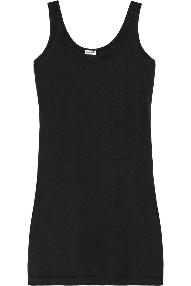 a plain black tank top is displayed in a portraitstyle image. the top is sleeveless and appears to be made of cotton.