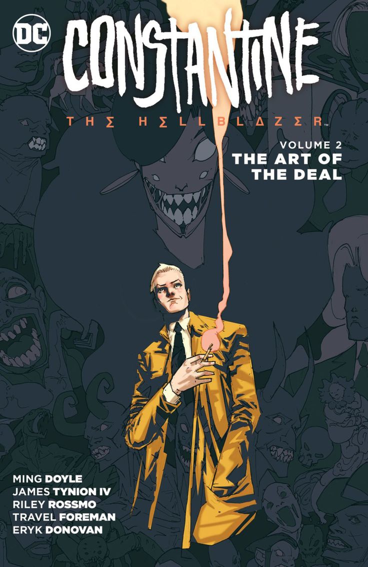 this is a comic book cover for "constantine: the hellblazer" volume 2 "the art of the deal". it features john constantine in a yellow coat and a cigarette in his hand, surrounded by demons. the background is dark and features a shadowy figure with a sinister smile.