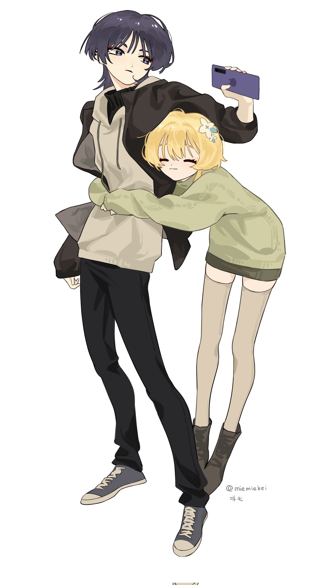 a young anime boy and girl are taking a selfie together. the boy has dark hair and is wearing a grey hoodie and black pants with sneakers. the girl has blonde hair and is wearing a green sweater with brown boots. she has her arm around the boy's neck and is looking at the phone camera with a smile on her face. they appear to be happy and enjoying each other's company.