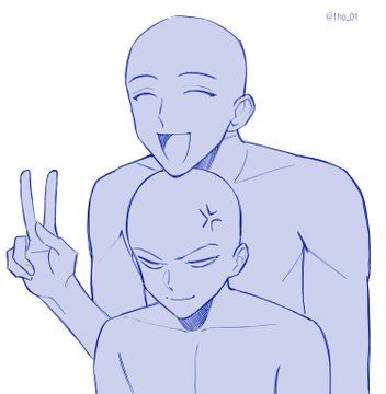 a bluetoned drawing of two men, one with his arms around the other's shoulders. the man in front is smiling with his tongue sticking out, and the man behind him has a furrowed brow and a look of annoyance.