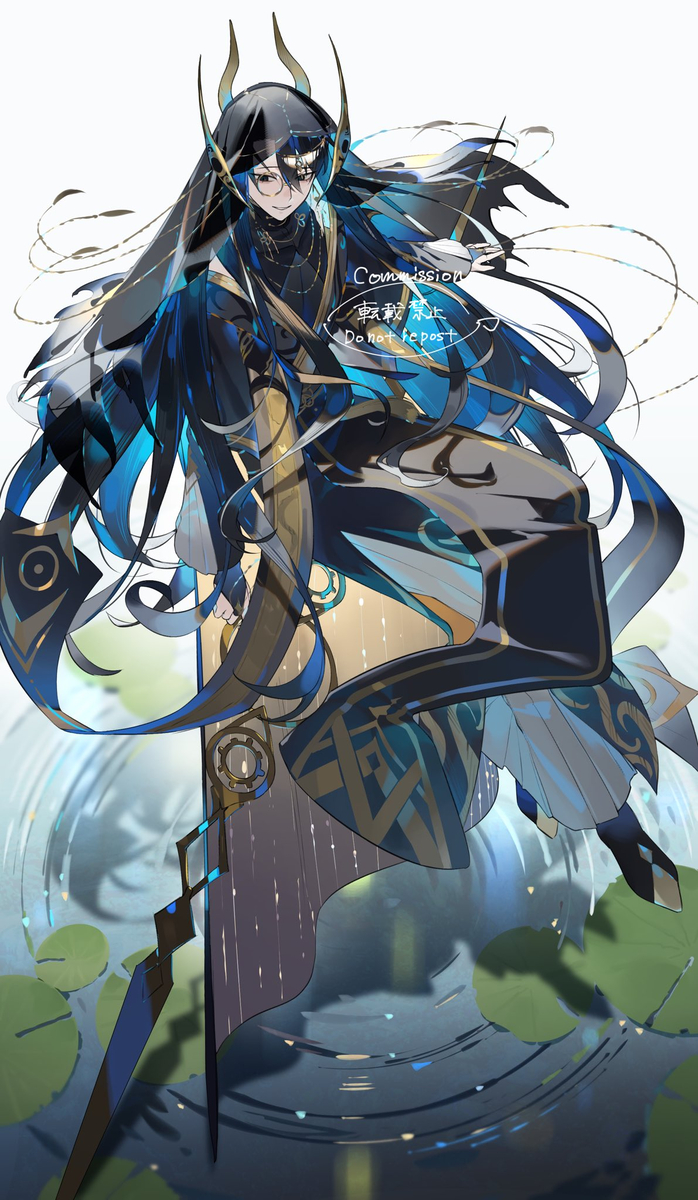 illustration of an animestyle man with long, flowing black hair streaked with blue, wearing glasses and adorned with small horns. he is dressed in elaborate, layered clothing in shades of black, gold, and blue, with geometric patterns. he is standing over water with lily pads. there is a text overlay indicating that the image is a commission and should not be reposted.