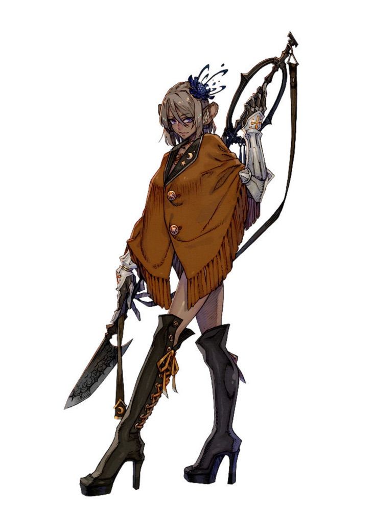 a female fantasy character stands against a white background, armed and ready for battle.  she's outfitted in an orange shawl draped over a black, sleeveless top and thighhigh, black heeled boots.  a decorative, armored glove adorns her left arm, while her right hand holds a menacing, curved sword. slung across her back is a large, ornate harp.  her determined expression suggests she's a formidable force.