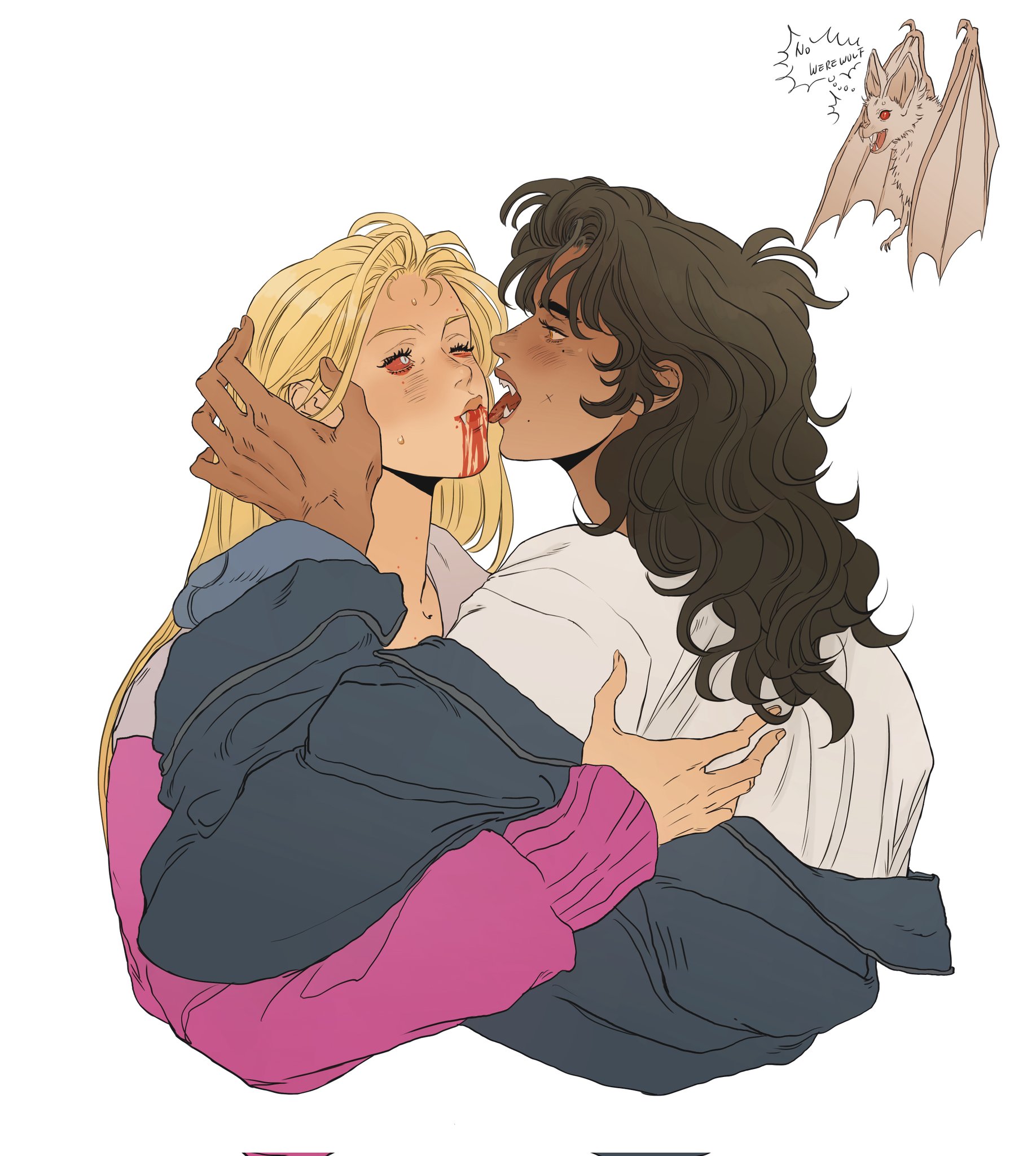 an illustration shows a vampire couple embracing. one has blonde hair and red eyes, blood running from the mouth. the other has brown curly hair and is licking blood from the blonde's mouth. a bat with red eyes flies in the upper right.