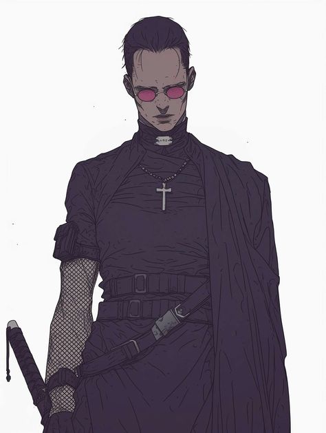 the image depicts a stylized portrait of a man against a plain white background. he appears to be a warrior priest, blending religious and combat aesthetics. his attire is a mix of  dark, textured fabrics. he wears a highcollared, shortsleeved tunic reminiscent of a cassock, accessorized with a cross necklace, belts, and a katana strapped to his hip. he also sports  fingerless gloves that reveal fishnet patterns underneath. his short, dark hair and sharp features contribute to his stern expression. he wears distinctive pinktinted sunglasses that add a striking contrast to his otherwise monochrome appearance. his pose is confident, suggesting someone powerful and potentially dangerous.