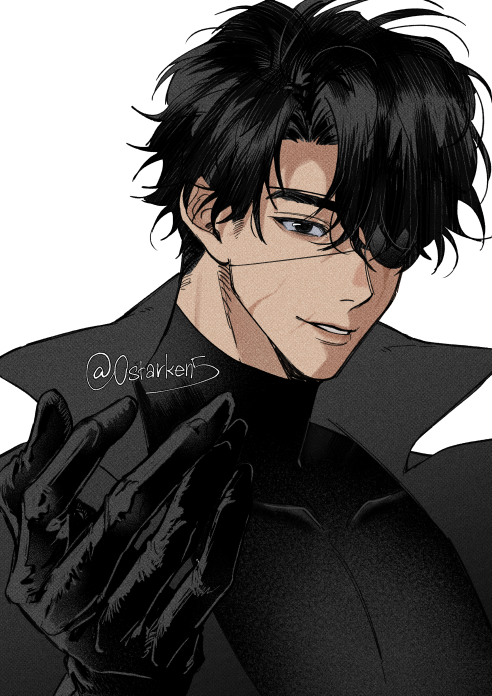 this is an anime illustration of a male character. he is a darkhaired man with a smirk on his face, he is wearing an eyepatch over his right eye, a black suit, and black gloves. the illustration is drawn in a manga style, with detailed lines and shading.