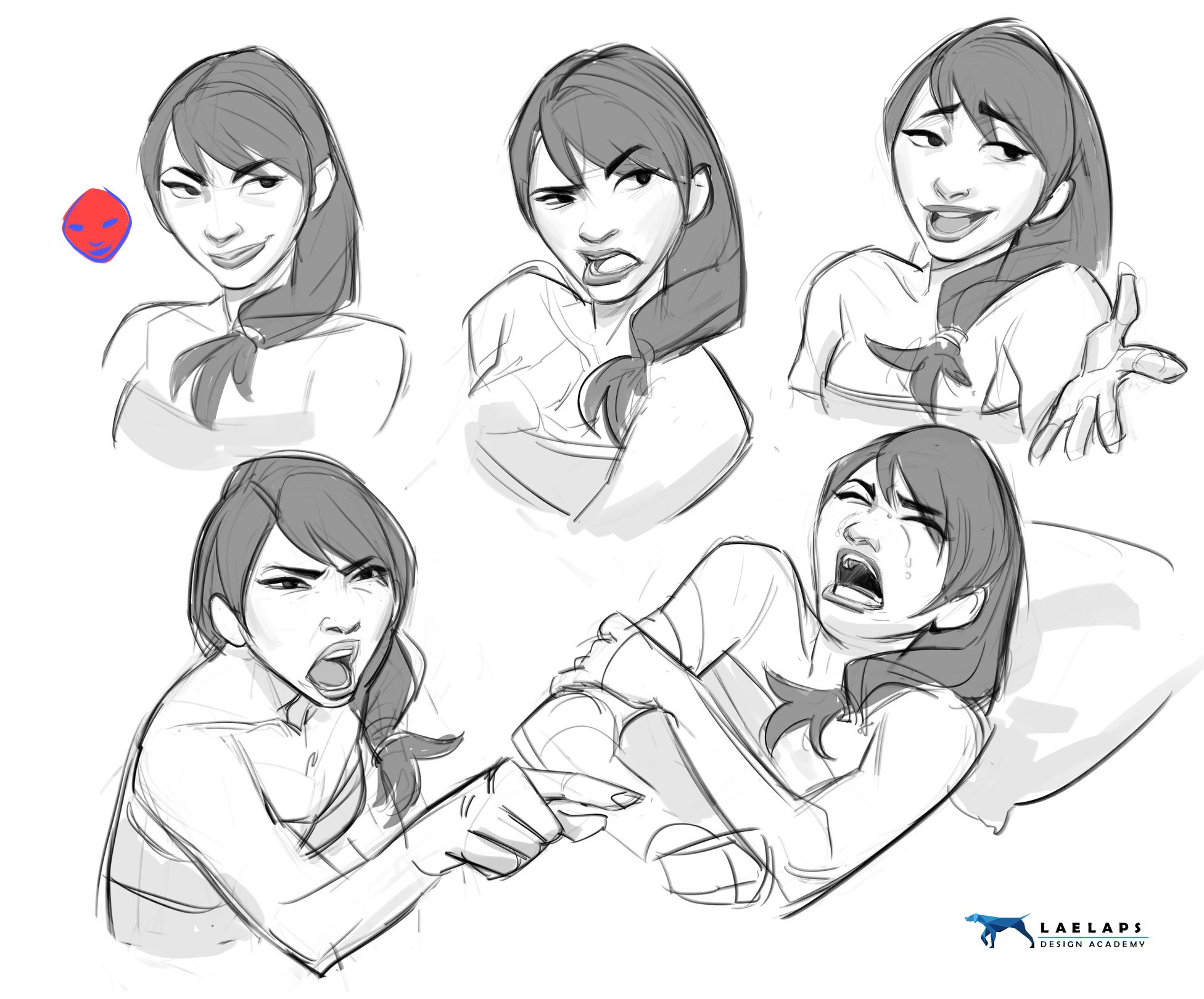 this image shows a collection of sketches depicting a female character showcasing a range of emotions. the sketches are done in a loose, dynamic style, capturing the character's expressions with fluidity. each sketch shows the character with different facial expressions: from angry and frustrated to crying and screaming. the style suggests it is concept art for animation or a similar visual medium, focusing on conveying a variety of emotions and poses. the sketches are in grayscale.