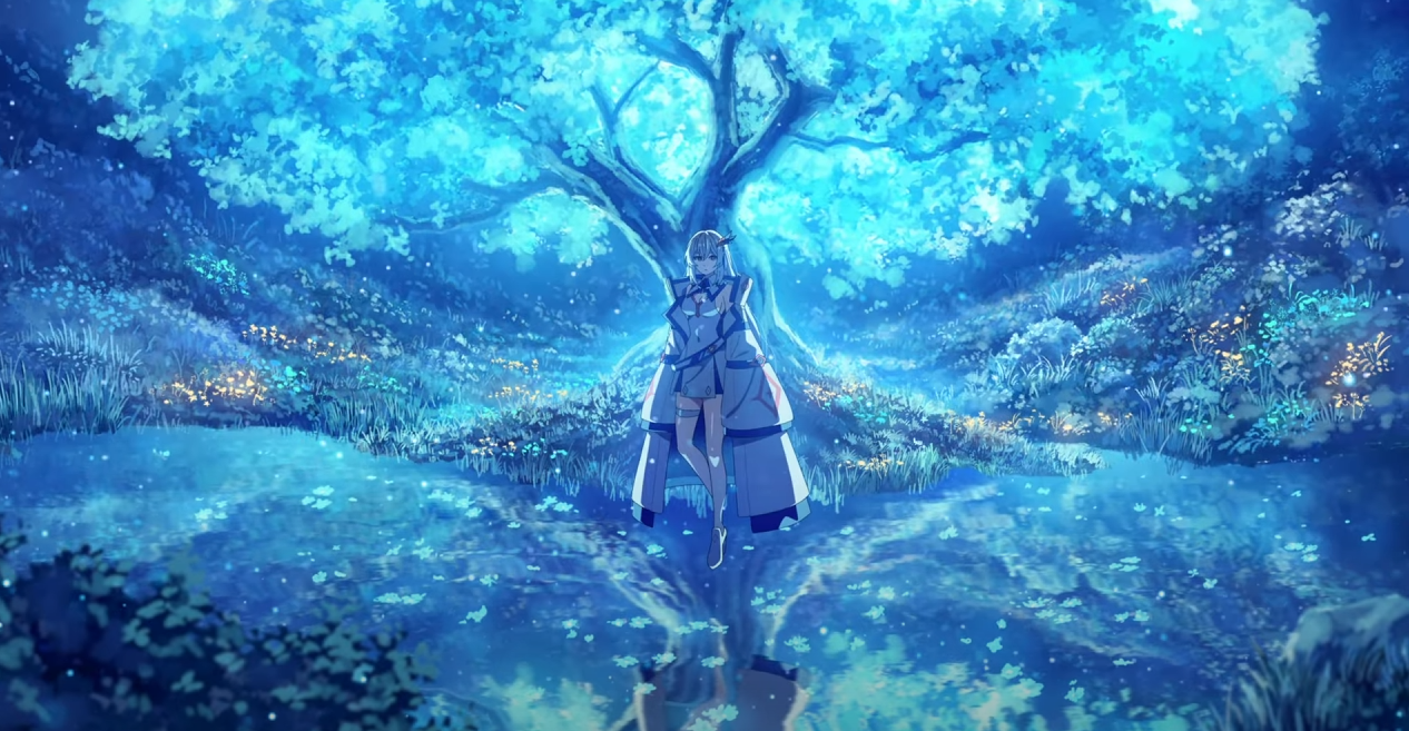 the image depicts an animestyle female character standing beneath a large, luminous blue tree in a tranquil, fantasy forest. the scene is bathed in soft, ethereal blue light.  the girl wears a long, lightcolored coat and appears calm and serene.  a still body of water in the foreground reflects the tree and the girl, creating a mirrored effect.  small glowing flowers and plants are scattered throughout the scene, adding to its magical ambiance. the overall mood is peaceful, dreamlike, and mystical.