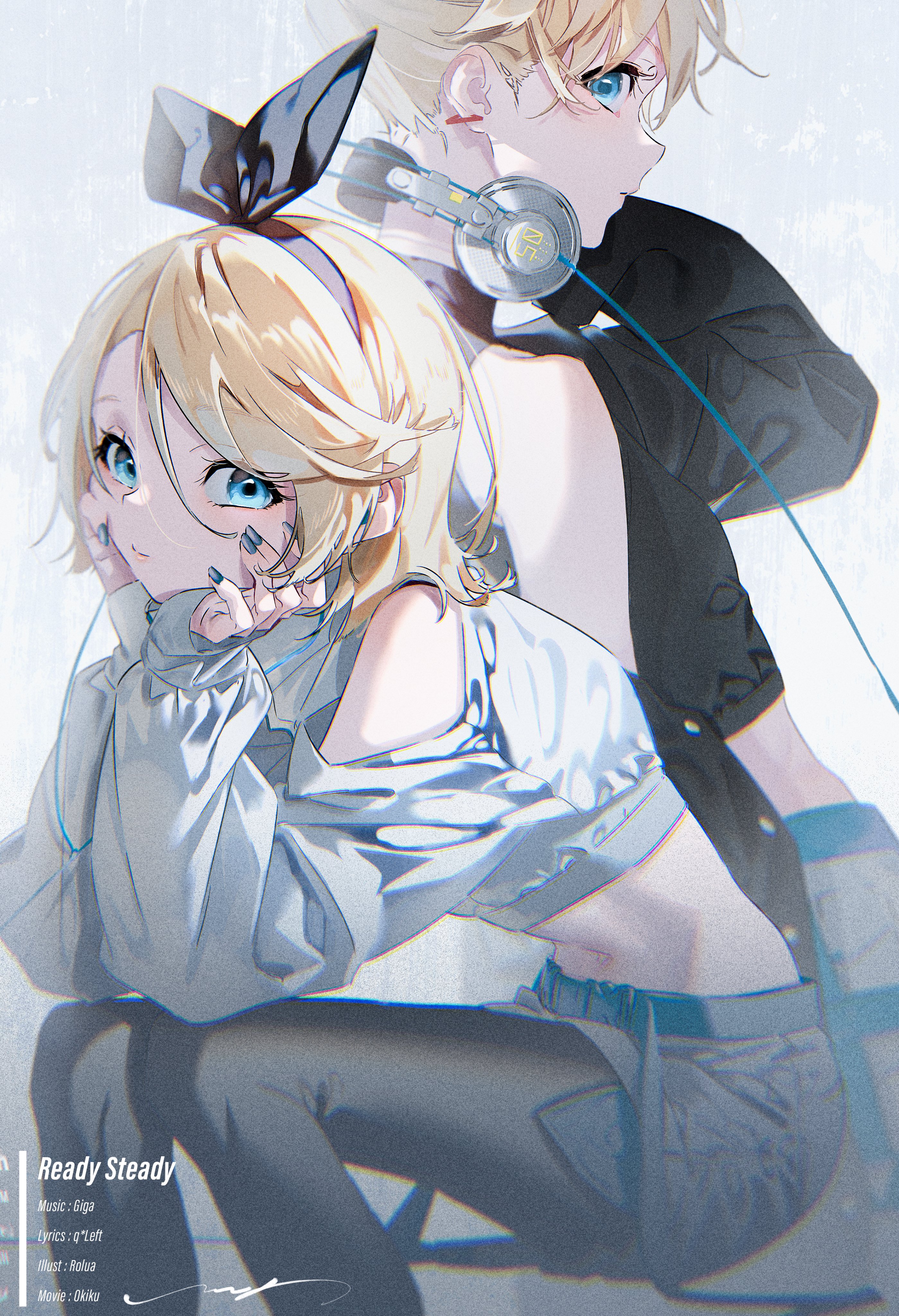 two anime girls, one with blonde hair and blue eyes and the other with black hair and blue eyes. they are both wearing headphones and have a soft, dreamy look on their faces. the art style is soft and colorful, with a lot of detail. the background is simple, with a gradient of blue and white. the girls are posed in a way that suggests they are close friends or perhaps even a couple.