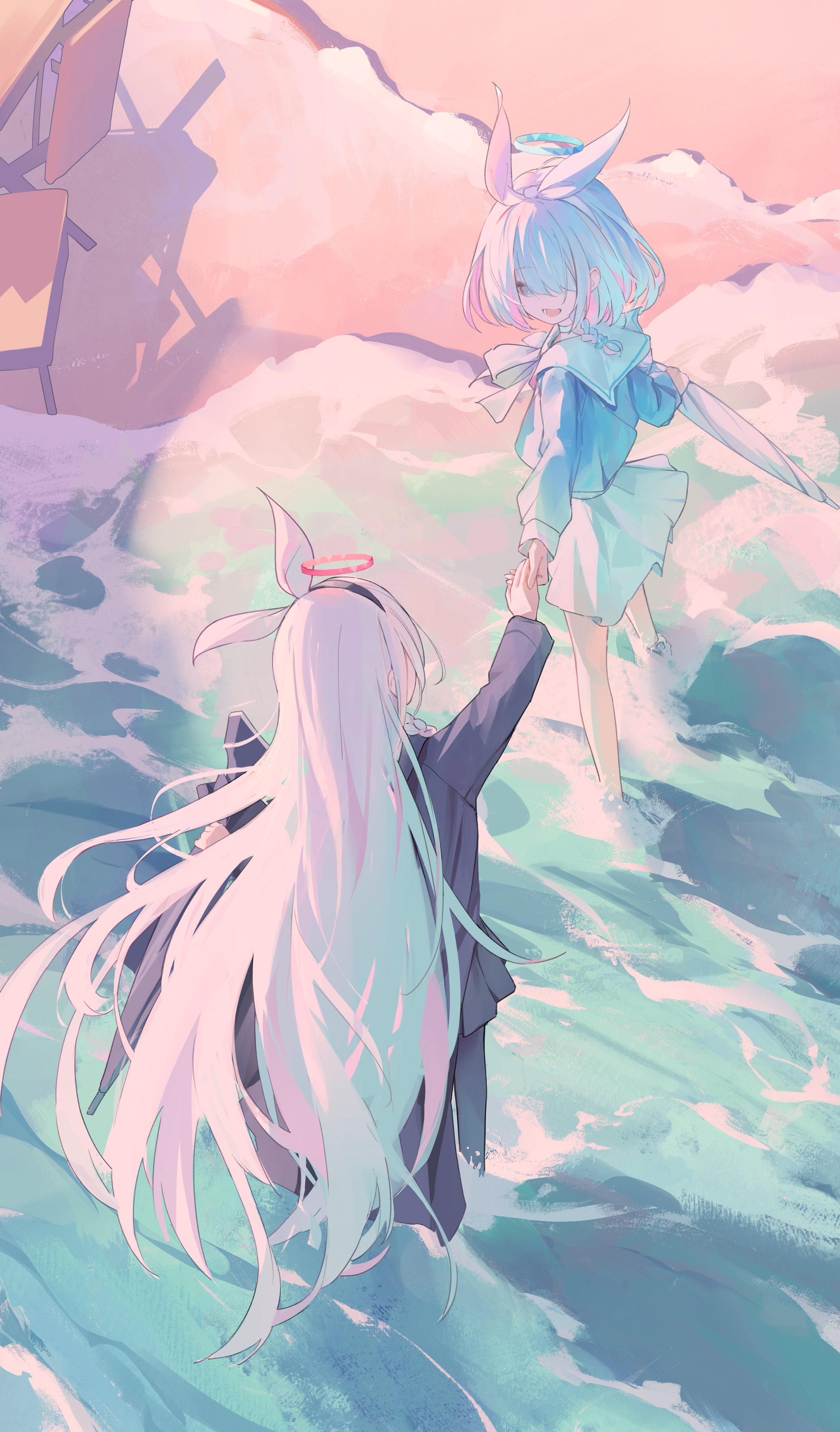 the illustration depicts two anime girls with long and short white hair, respectively, standing in shallow ocean water.  the girl with the shorter hair wears a sailorstyle uniform. the other girl has what looks like angel wings and a halo. they are holding hands, creating a sense of connection. the background features a pastel pink and blue sky and sea, along with the suggestion of a wrecked ship on the shore. the overall style is soft, dreamy, and peaceful with a focus on pastel colors and a sense of calm. the art style is reminiscent of digital painting with a focus on light and ethereal details.