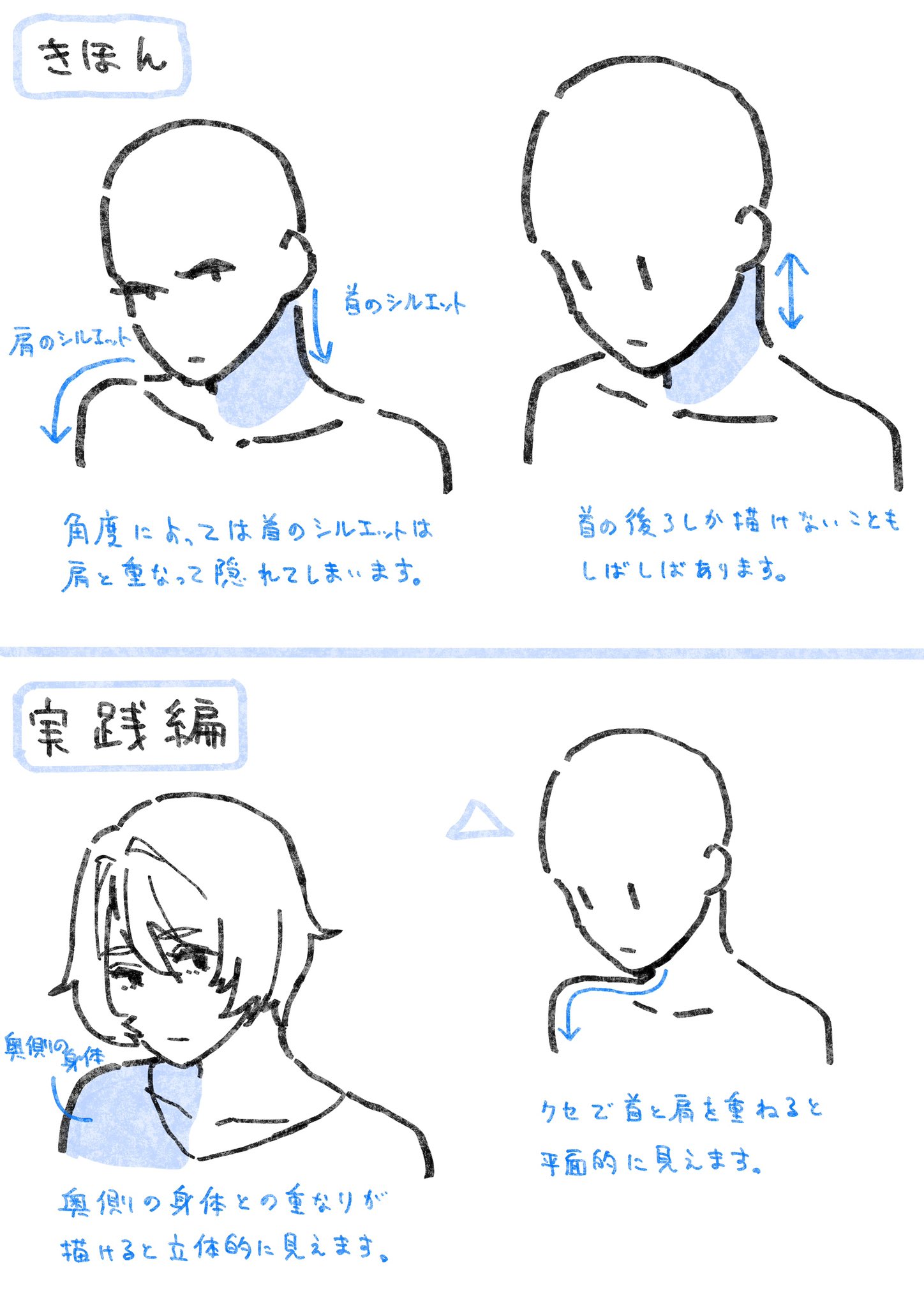 his image is a drawing tutorial showing how to draw the neck and shoulders of an anime character. the tutorial is in japanese and shows two different perspectives: one from the front and one from the side. the tutorial explains how the silhouette of the neck and shoulders changes depending on the angle. it also shows how to draw the neck and shoulders so that they look more threedimensional.