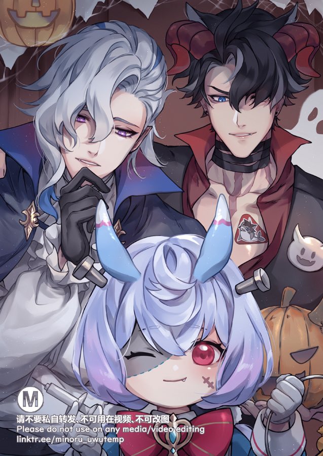 this is a digital illustration of three anime boys dressed in halloween costumes. the boy on the left is dressed as a vampire with a white and black outfit. the boy in the middle is dressed as a rabbit with a blue and white outfit. the boy on the right is dressed as a demon, wearing a red and black outfit. they all seem to be enjoying their costumes.