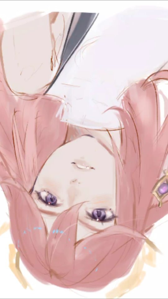 the image is a digital painting or illustration of an animestyle girl. she has long, flowing pink hair and is depicted upside down, with her face and upper body visible. her eyes are a soft purple, and her expression is serene and calm.  she appears to be wearing an ornate, lightcolored garment with hints of detail suggesting possible jewelry. the overall style is soft, dreamy, and ethereal, with pastel colors and a delicate rendering. the artwork emphasizes the character's hair and features, creating a closeup, portraitlike view.