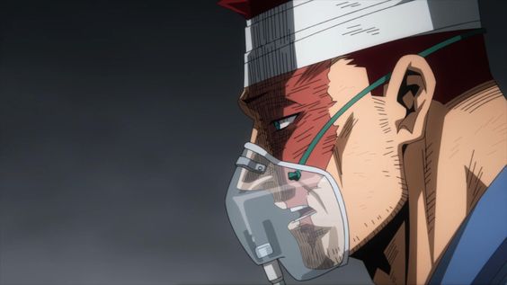 this closeup illustration captures a somber moment with the character endeavor from my hero academia. heavily bandaged and wearing an oxygen mask, he projects an air of vulnerability and concern. the muted color scheme adds to the serious and reflective tone of the image.