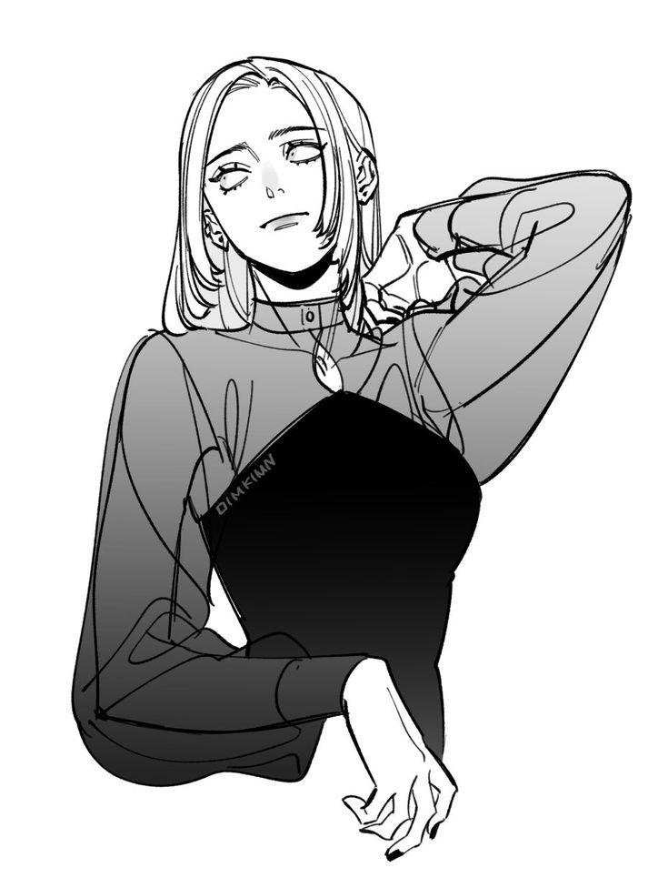a black and white digital illustration of a woman with long hair wearing a choker necklace, earrings, and a black dress with a high neckline. she is looking upwards with a slight smirk, and her right hand is raised behind her head. the artist's signature "dimkiinn" is visible on the dress.