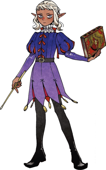the illustration depicts a young elf with pale skin, white hair with a braid, and pointed ears. they are dressed in a blue and purple medievalinspired outfit with red accents and jesterlike points on the tunic. a thin black belt cinches their waist. they hold a wand in their right hand and a red and gold book in their left, suggesting a connection to magic and knowledge. the character's stern expression hints at a serious or studious nature.