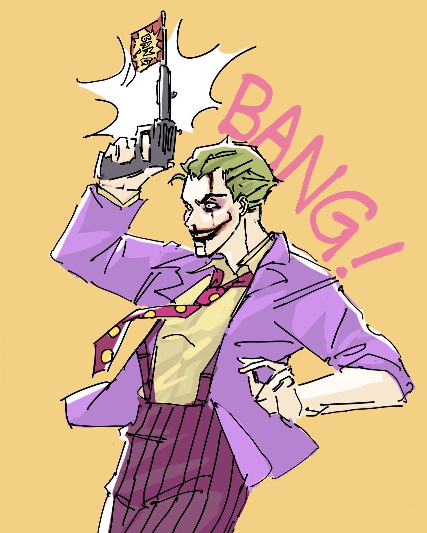 the image is an illustration of the joker from dc comics. he's depicted in a purple suit and green hair, holding a gun to his head and pulling the trigger. there's a bang! sound effect next to the gun. the image uses a bright and exaggerated style typical of comics.