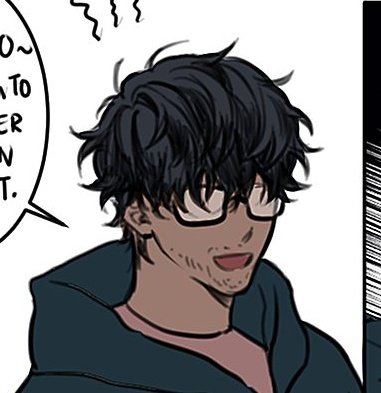 the image is a closeup digital illustration of a male character, likely from a manga, webtoon, or graphic novel.  he has dark, slightly messy hair, is wearing glasses and a dark teal hoodie.  his expression is one of slight surprise or nervousness; his mouth is slightly open. a speech bubble next to his head contains partially visible text.  the art style is clean and relatively simple, characteristic of many digital comics.  the background is mostly white with a partially visible black striped area in the corner.