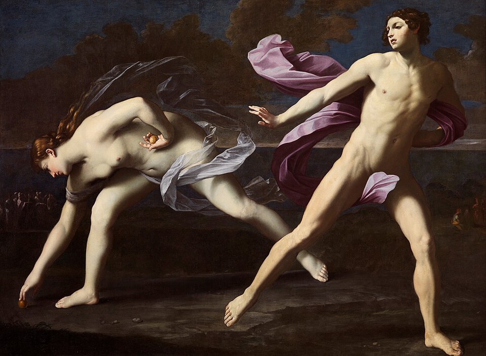 the image is a classical painting depicting a scene from greek mythology, specifically the story of atalanta and hippomenes. two nude figures are the central focus: atalanta, a female figure with reddish hair, is bending over, placing a golden apple on the ground. she is partially draped in flowing white fabric. hippomenes, a male figure, is running slightly ahead of her, his arm outstretched as if trying to stop her. he is also partially draped in flowing purple fabric. the background consists of a dark landscape with a cloudy sky. in the distance, there are indistinct figures of onlookers. the lighting is dramatic, highlighting the figures' bodies and creating a sense of movement and urgency.