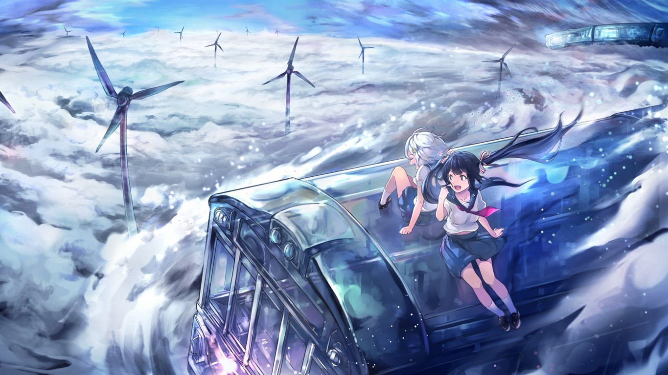 the image is a vibrant digital painting or illustration depicting two anime schoolgirls riding atop a bus or train that seems to be flying through the clouds.  the background features numerous wind turbines in a field of fluffy white clouds under a partly cloudy blue sky. the girls are dressed in school uniforms, appear cheerful and carefree, and their hair flows dramatically in the wind. the overall style is fantastical and energetic, blending realistic elements like the wind turbines with imaginative aspects like the flying vehicle. the color palette is bright and airy, using blues, whites, and touches of pink and red. the art is highly detailed, showing texture in the clouds, the vehicle, and the girls' clothing.