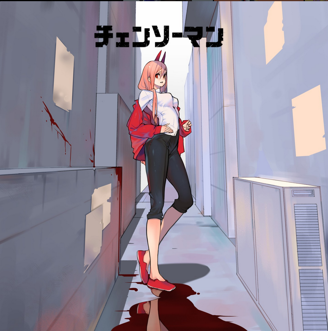 the image depicts an anime girl with pink hair and red horns, standing in a narrow, grimy city alleyway.  she wears a white shirt, a red jacket, and black leggings with red shoes. a significant puddle of blood is visible on the ground near her feet, splattered against the wall, hinting at a recent violent event. the alleyway is depicted in shades of grey and blue, creating a stark contrast with the blood and the girl's vibrant attire. the perspective is at eye level, placing the viewer directly in the scene.  the overall atmosphere is ominous and unsettling.