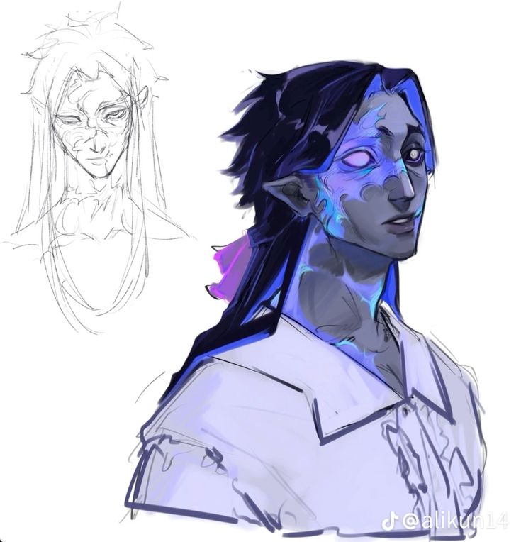 the image shows a digital painting of a male character, possibly an elf, with glowing blue patterns on his skin.  the artwork is presented in two stages:  a preliminary pencil sketch on the left, showing a simpler version of the character's head and shoulders, and a more detailed and fully rendered color painting on the right. the colored painting shows the character from the chest up, wearing a collared shirt and has long dark hair with a hint of purple in the back. the style is a blend of realism and fantasy, focusing on detail in the character's features and skin texture. the overall color scheme is cooltoned, with shades of blue and purple dominating. a watermark is visible at the bottom right corner.