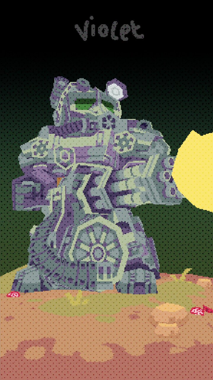 a pixel art image of a mech named violet. the mech is colored purple and gray, stands on an alien planet surface, and is firing a large gun to the right. the gun blast is a bright yellow. the mech is detailed with a headlight and the ground around it has small plants. the background is black with a green dotted pattern.