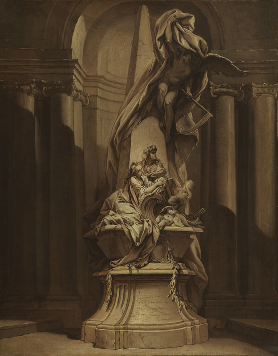 a sepiatoned painting depicts a sepulchral monument set within a classical architectural space. the monument consists of a pedestal, adorned with a garland, upon which a statue is placed. the statue features a woman with a child and an angel holding a scythe. a draped figure covers the angel and extends towards the top of the monument. the background shows classical columns supporting an architrave. the overall style suggests a baroque influence.
