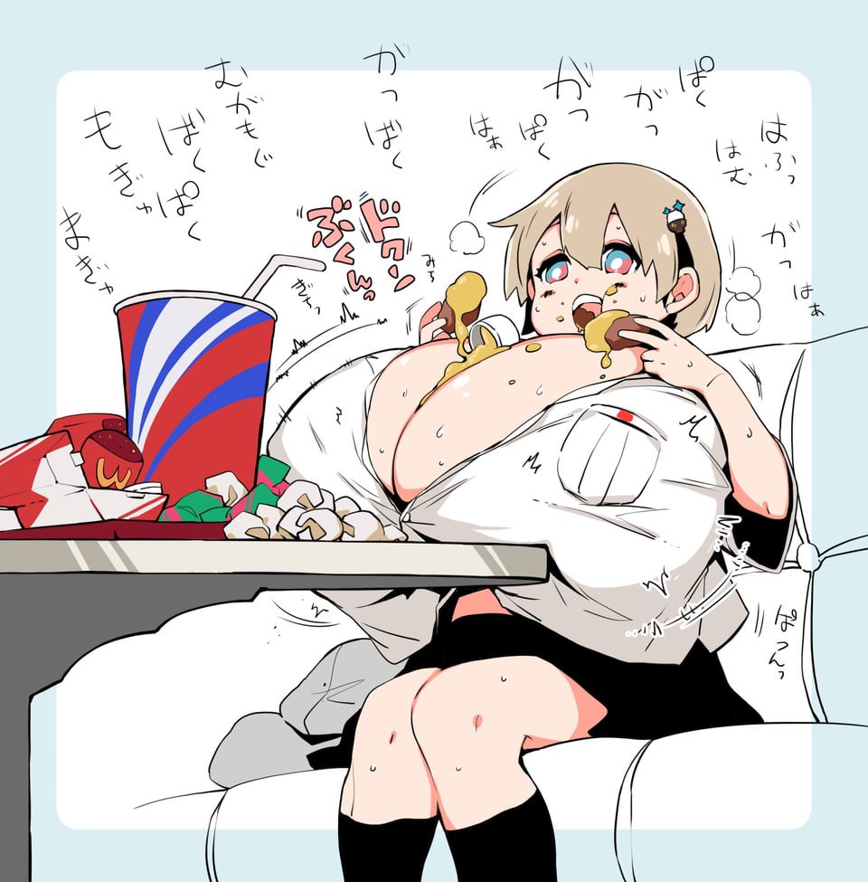 an anime girl is sitting at a table with a full tray of fast food. she is eating a burger, fries, and soda, and she looks like she is enjoying her meal. she is smiling and seems to be happy to be overeating. she is so full that she is about to burst.  the drawing is very detailed and has a vibrant color scheme.