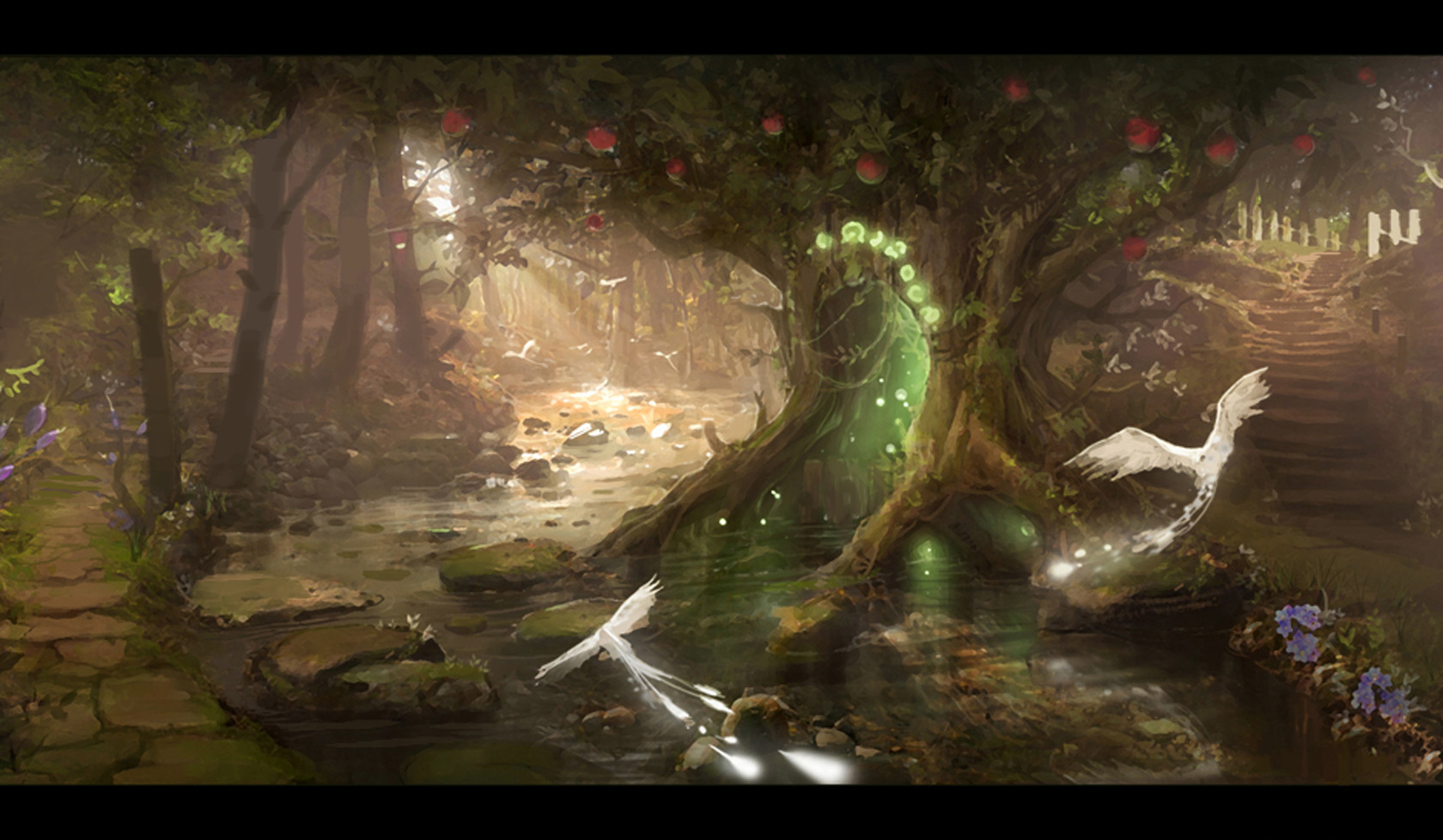 the image showcases an enchanted forest scene with a majestic tree as the focal point. the tree, laden with ripe apples, emanates a magical green glow from its base, suggesting a portal or a source of mystical energy. two ethereal white birds with glowing trails appear to be either entering or exiting this magical gateway. a gently flowing river meanders through the scene, reflecting the soft, dappled sunlight filtering through the canopy. stone steps on the right lead up to a white picket fence, hinting at a hidden pathway or a boundary between the ordinary and the magical.