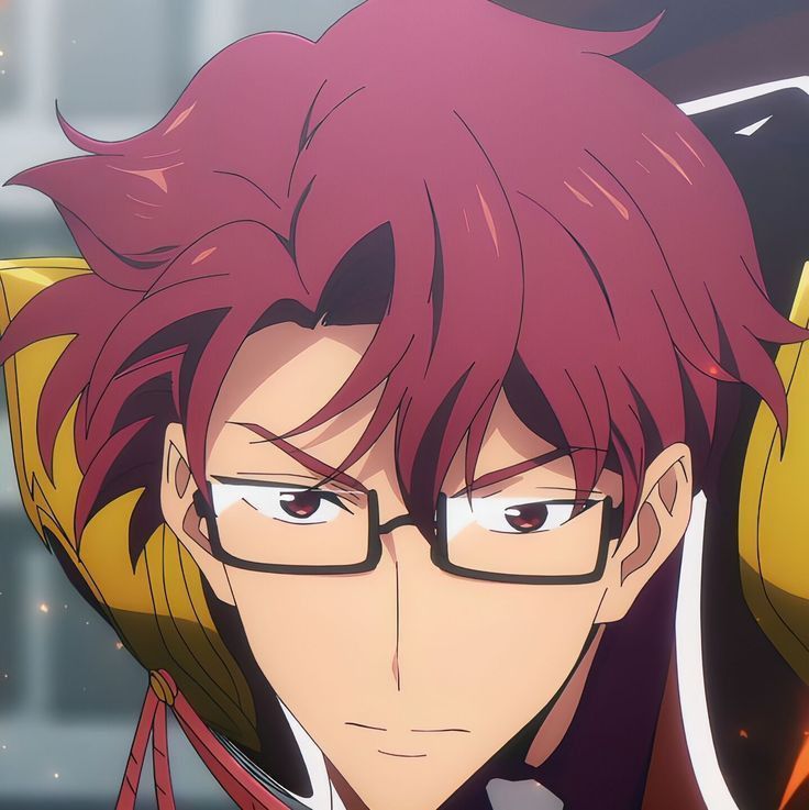 a closeup illustration of a young man with a serious expression. he has short, spiky, red hair and dark red eyes. he is wearing a pair of rectangular glasses with a black frame. he is wearing a white shirt with a red collar and a yellow and black patterned garment over it. the background is a blurry cityscape.