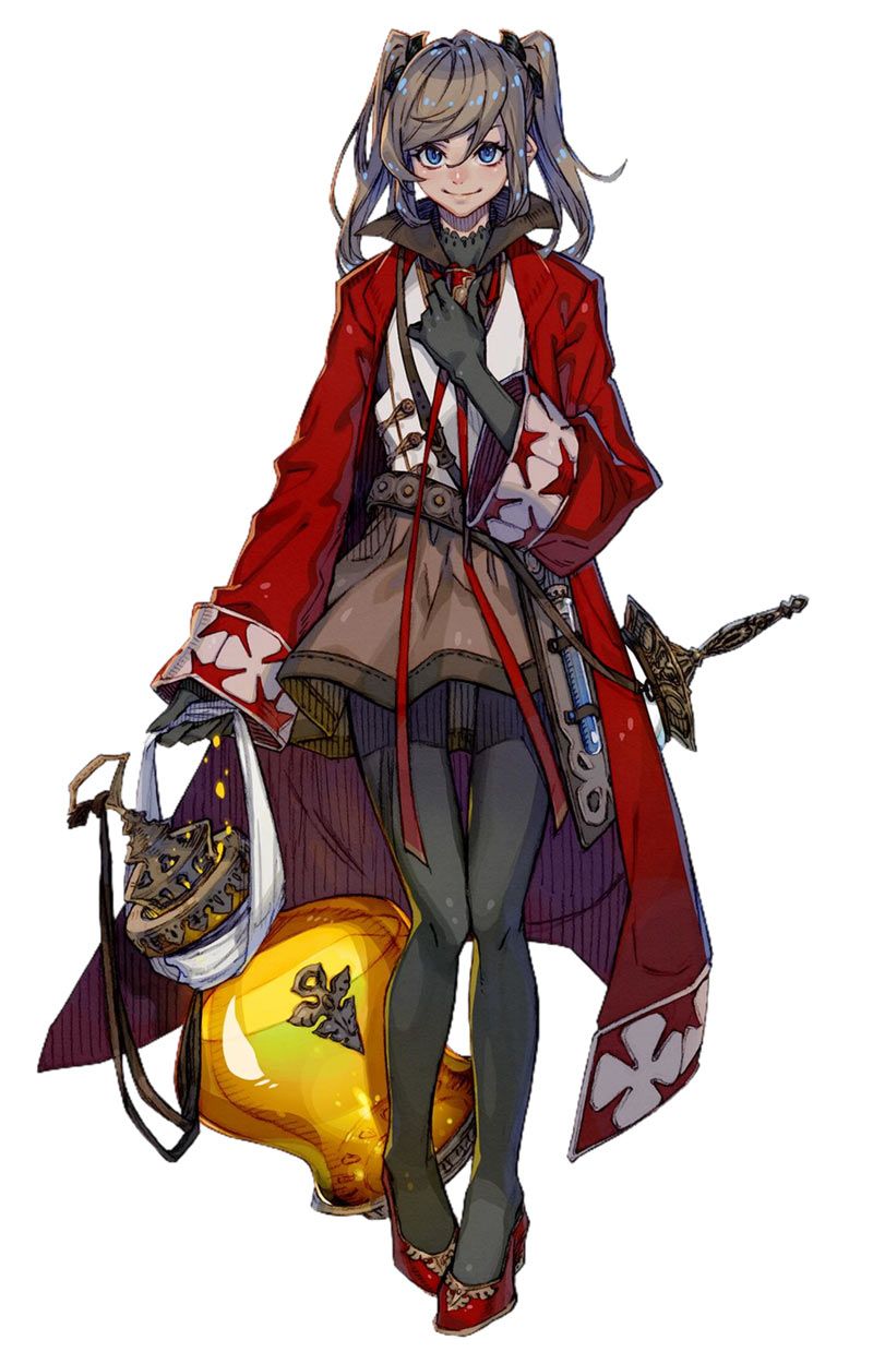 the image shows a young woman with gray hair styled in pigtails,  wearing an elaborate red and white outfit that suggests a fantasy setting, possibly an adventurer or alchemist. she carries a large golden flask indicative of potions, hinting at a healing or crafting role.  her gentle smile and approachable posture suggest a friendly and optimistic personality.