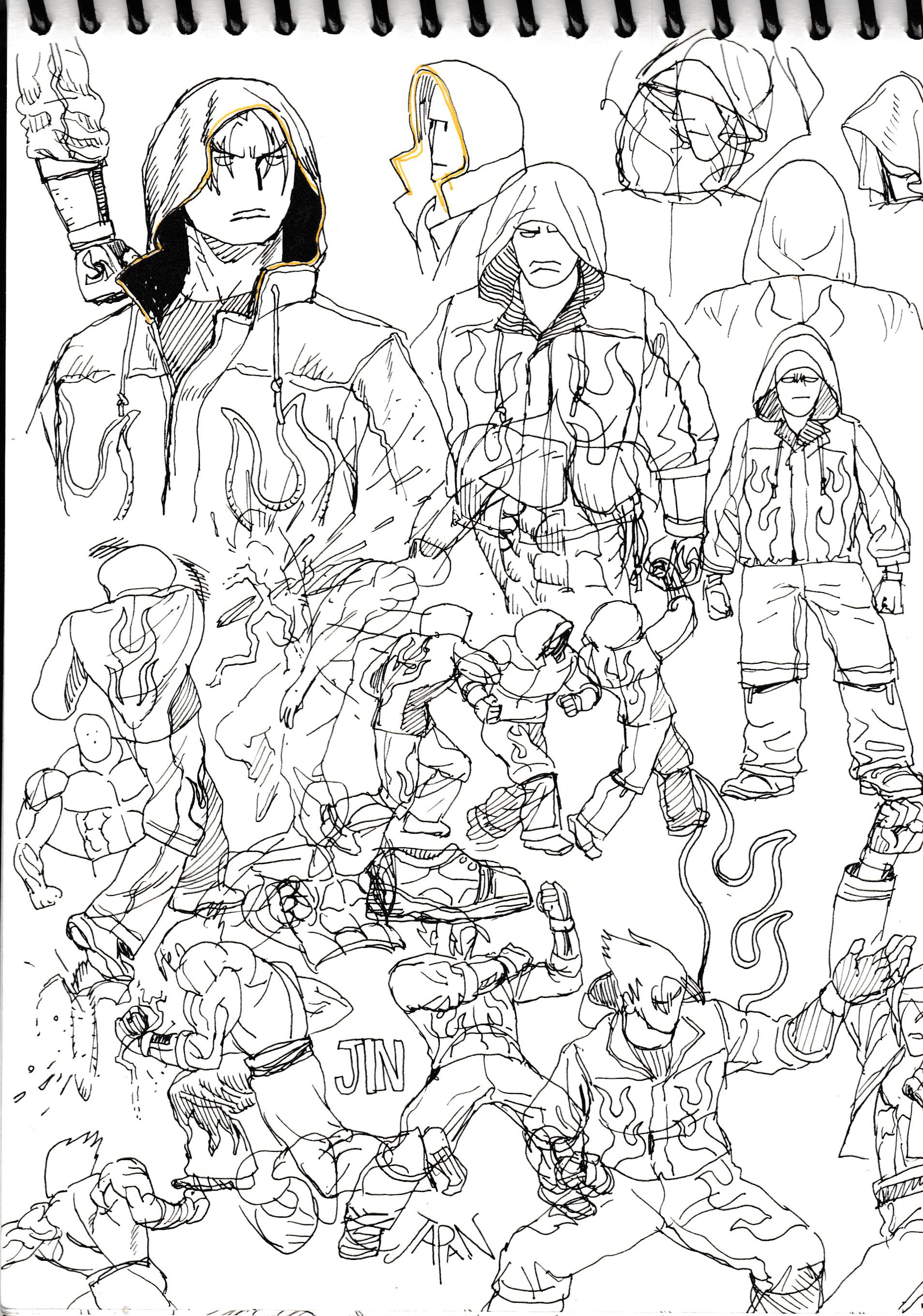 a black and white sketch of multiple anime characters in various poses. some are wearing hooded jackets and pants. one character is kneeling on the ground with his arms out, as if he is ready to fight. there is a lot of action in the drawing.
